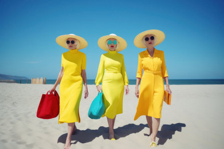 Age doesn't matter, older ladies, grandmothers enjoying a hot summer day on the beach, on the seashore. A friendship that lasts forever, older women know how to have fun. Generative AI.の素材
