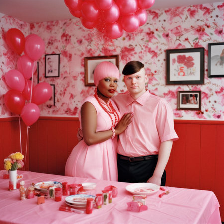 Surprise birthday party, a young couple in love celebrating birthday in a pink and red romantic decorated ambience. Generative AI.の素材
