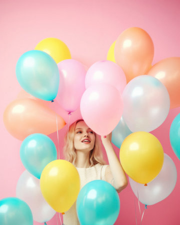 Beautiful girl who is happy and excited with bunch of helium balloons, colorful, surprise party on pastel pink background. Generative AI.の素材