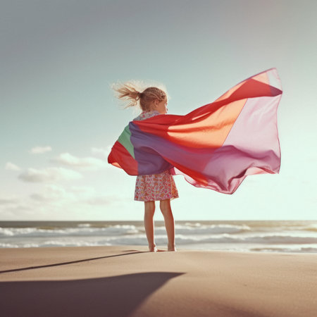 Little happy cute girl, smiling little princess enjoying the sun, on the seashore. Summer happiness and joy, vacations that make childhood special. Generative AI.の素材