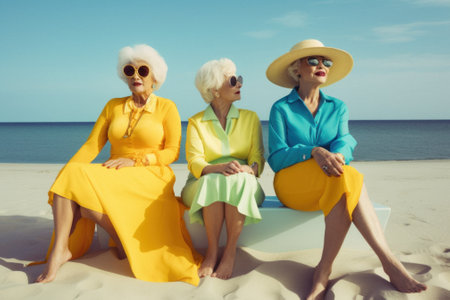 Age doesn't matter, older ladies, grandmothers enjoying a hot summer day on the beach, on the seashore. A friendship that lasts forever, older women know how to have fun. Generative AI.の素材