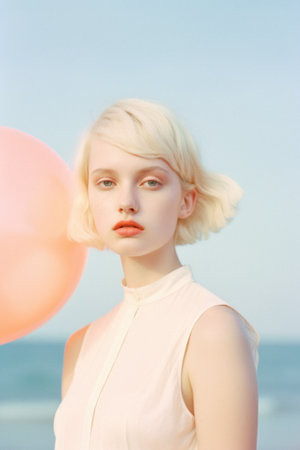 Summer landscape, summer sunny day on the beach, on the seashore. Girls on hot sand and helium balloons in the air. Generative AI.の素材