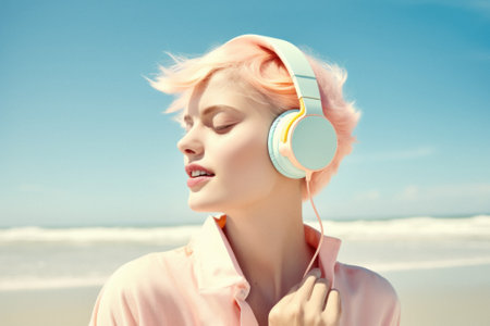 Young active girl jogging and doing activities on the beach with music with headphones on her ears. A warm sunny day on the beach, on the seashore. Generative AI.の素材