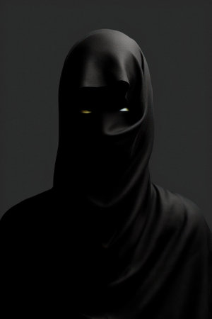Scary sheet mask with slit for eyes, ghost costume. Minimal portrait, black and yellow colors on dark background. Generative AI.の素材