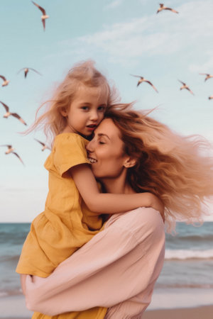 A young beautiful mother enjoying with her sweet daughter on the beach, motherly love through kisses and hugs on the hot sand, on the seashore. Family vacation. Generative AI.の素材