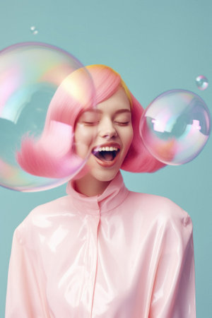 Portrait of a young beautiful girl with pastel pink hair on a pastel blue background surrounded by soap bubbles. Generative AI.の素材