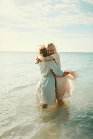 A young beautiful mother enjoying with her sweet daughter on the beach, motherly love through kisses and hugs on the hot sand, on the seashore. Family vacation. Generative AI.の素材