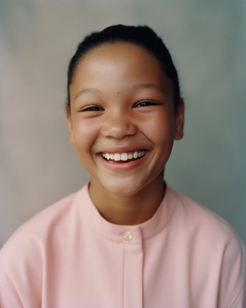 Portrait of a young sweet girl with a huge, wide smile, happy face and joyful eyes. A child who has a happy and peaceful childhood. Generative AI.の素材