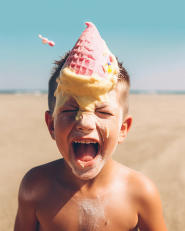 A sweet little child enjoying the summer sun, a delicious dessert, a melting ice cream cone. Summer refreshment and snacks on the beach. Generative AI.の素材