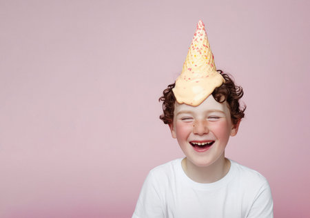 A sweet little child enjoying the summer sun, a delicious dessert, a melting ice cream cone. Summer refreshment and snacks on the beach. Generative AI.の素材