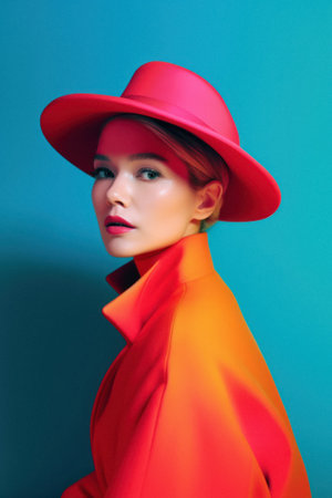 Fashionable, contemporary styling of bright vivid colors, elegant modern style of young beautiful girl with extravagant hat. Generative AI.の素材