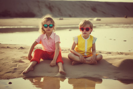 A group of young children, friends that run around and play on summer sunny day on the beach, seashore. Kids on hot sand. Children joy and smiles on vacation. Generative AI.の素材