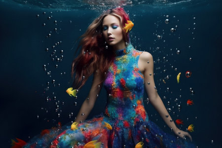 A beautiful young girl enjoying the tropical exotic sea, swimming and diving on the water surface. Underwater portrait, girl on summer vacation. Generative AI.の素材