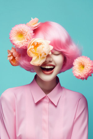 Floral spring concept of fresh spring flowers on the face and body of a young beautiful attractive girl. Abstract portrait. Generative AI.の素材