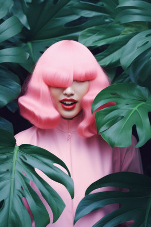 Portrait of a young beautiful girl with pastel pink hair on a pastel background surrounded by tropical exotic palm leaves. Generative AI.の素材