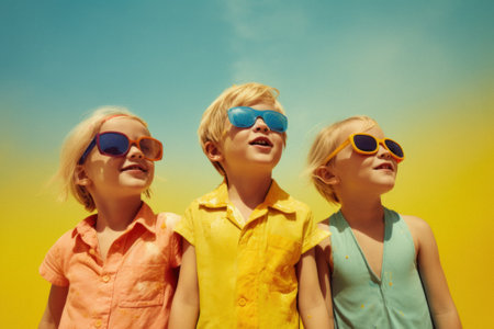 A group of young children, friends that run around and play on summer sunny day on the beach, seashore. Kids on hot sand. Children joy and smiles on vacation. Generative AI.の素材