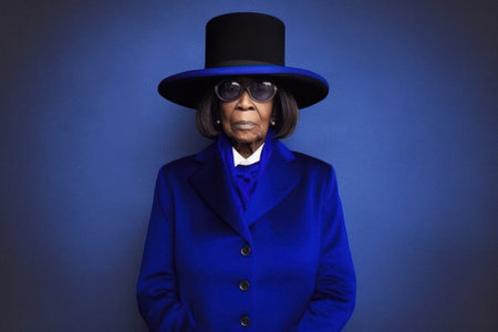 Modern fashion portrait of a woman with a hat in an elegant suit with sunglasses. Dark blue bright, vivid colors. Generative AI.の素材