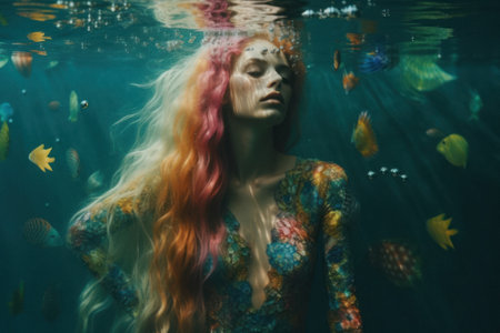 A beautiful young girl enjoying the tropical exotic sea, swimming and diving on the water surface. Underwater portrait, girl on summer vacation. Generative AI.の素材