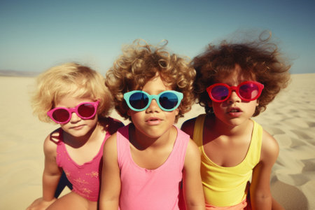 A group of young children, friends that run around and play on summer sunny day on the beach, seashore. Kids on hot sand. Children joy and smiles on vacation. Generative AI.の素材