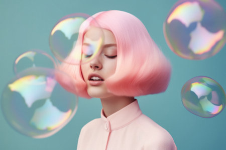 Portrait of a young beautiful girl with pastel pink hair on a pastel blue background surrounded by soap bubbles. Generative AI.の素材