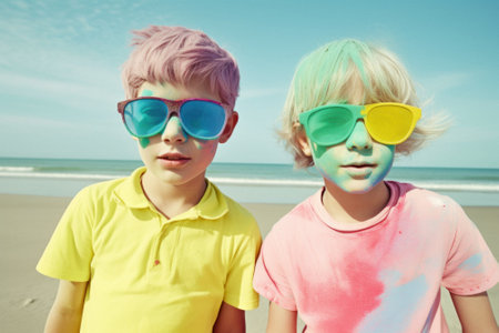 A group of young children, friends that run around and play on summer sunny day on the beach, seashore. Kids on hot sand. Children joy and smiles on vacation. Generative AI.の素材