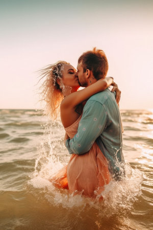 Summer concept of a young smiling couple in love enjoying the beach, on hot sand, on seashore. A postcard from a youthful, exciting, exotic trip, a honeymoon. Generative AI.の素材