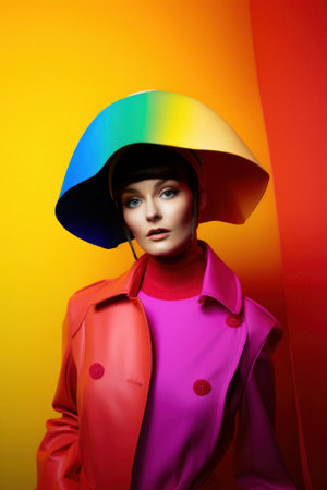 Fashionable, contemporary styling of bright vivid colors, elegant modern style of young beautiful girl with extravagant hat. Generative AI.の素材