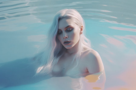 A beautiful young girl enjoying the tropical exotic sea, swimming and diving on the water surface. Underwater portrait, girl on summer vacation. Generative AI.の素材