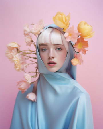 Floral spring concept of fresh spring flowers on the face and body of a young beautiful attractive girl. Abstract portrait. Generative AI.の素材