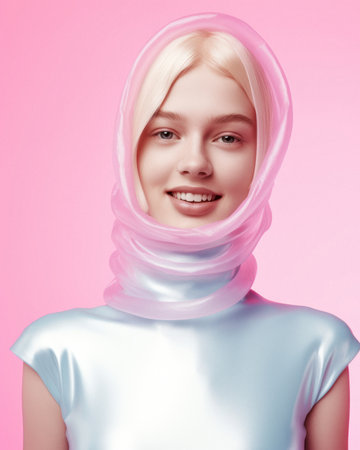 Tender young beautiful girl with blonde hair, on a pastel pink background. Modern futuristic styling. Generative AI.の素材