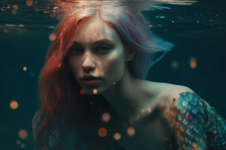 A beautiful young girl enjoying the tropical exotic sea, swimming and diving on the water surface. Underwater portrait, girl on summer vacation. Generative AI.の素材