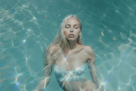A beautiful young girl enjoying the tropical exotic sea, swimming and diving on the water surface. Underwater portrait, girl on summer vacation. Generative AI.の素材