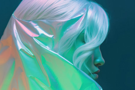 Futuristic abstract minimal white girl portrait of bluish tones, spectrum of refracting colors, iridescent, luminous colors. Generative AI.の素材