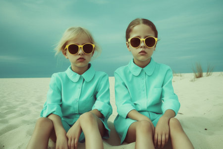 A group of young children, friends that run around and play on summer sunny day on the beach, seashore. Kids on hot sand. Children joy and smiles on vacation. Generative AI.の素材