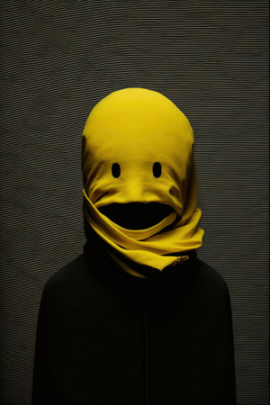 Scary sheet mask with slit for eyes, ghost costume. Minimal portrait, black and yellow colors on dark background. Generative AI.の素材