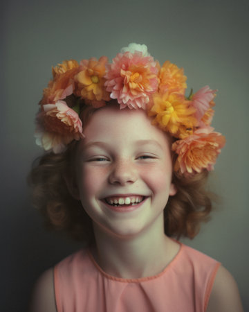 Portrait of a young sweet girl with a huge, wide smile, happy face and joyful eyes. A child who has a happy and peaceful childhood. Generative AI.の素材