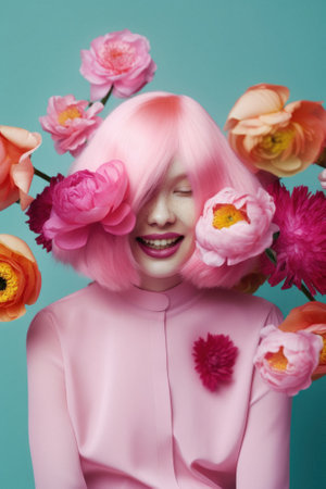 Floral spring concept of fresh spring flowers on the face and body of a young beautiful attractive girl. Abstract portrait. Generative AI.の素材