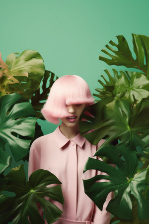 Portrait of a young beautiful girl with pastel pink hair on a pastel background surrounded by tropical exotic palm leaves. Generative AI.の素材