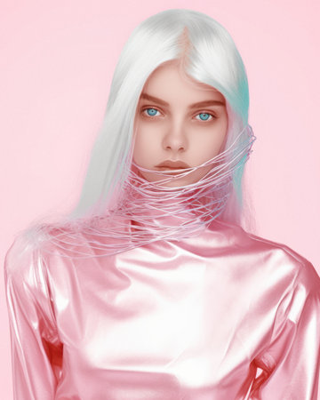 Tender young beautiful girl with blonde hair, on a pastel pink background. Modern futuristic styling. Generative AI.の素材