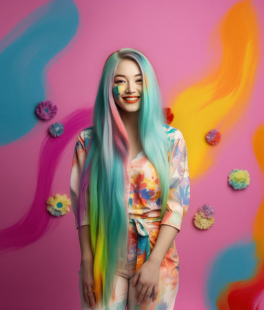 Beautiful girl who is happy and excited with vivid color long colorful hair, surprise party on pink background. Generative AI.の素材