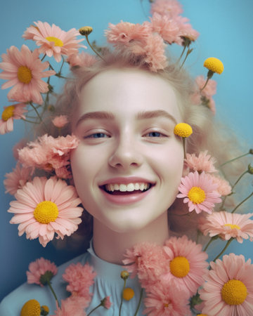 Floral spring concept of fresh spring flowers on the face and body of a young beautiful attractive girl. Abstract portrait. Generative AI.の素材