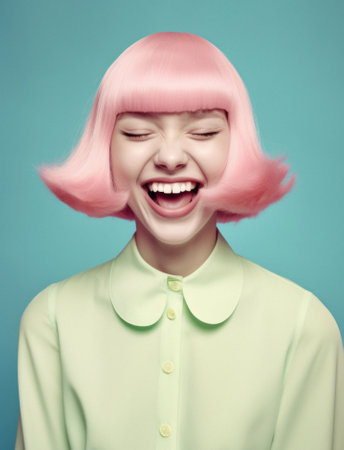Portrait of a young beautiful happy girl with pastel pink hair on a pastel blue background. Generative AI.の素材