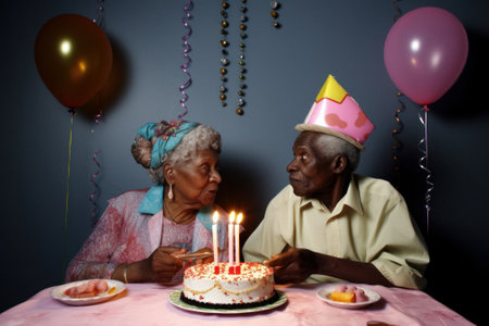 Grandparents organizing a birthday party, elderly people celebrating and having fun with birthday cake, balloons and confetti. Generative AI.の素材