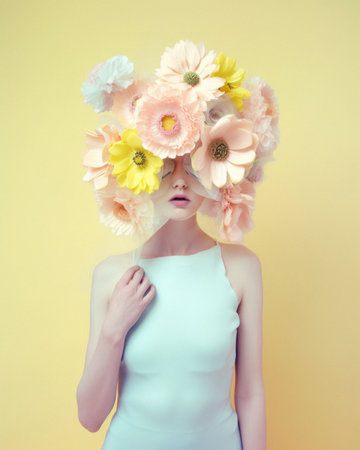 Floral spring concept of fresh spring flowers on the face and body of a young beautiful attractive girl. Abstract portrait. Generative AI.の素材