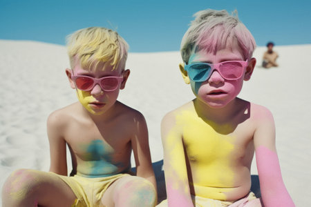 A group of young children, friends that run around and play on summer sunny day on the beach, seashore. Kids on hot sand. Children joy and smiles on vacation. Generative AI.の素材
