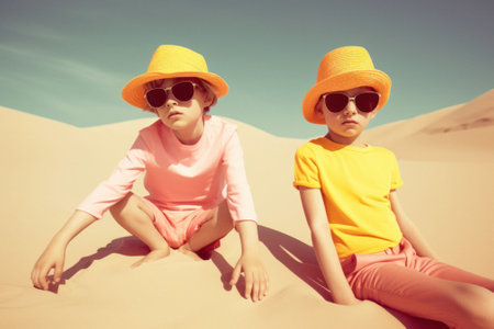 A group of young children, friends that run around and play on summer sunny day on the beach, seashore. Kids on hot sand. Children joy and smiles on vacation. Generative AI.の素材