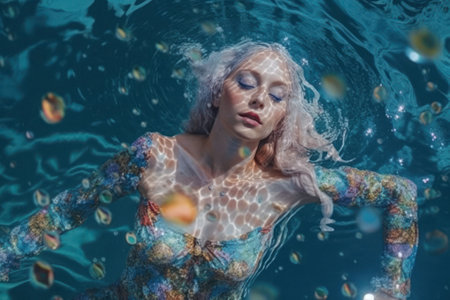 A beautiful young girl enjoying the tropical exotic sea, swimming and diving on the water surface. Underwater portrait, girl on summer vacation. Generative AI.の素材