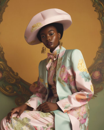 Portrait of a young beautiful girl, fashion vintage retro outfit as magazine cover with flower and leaves elements. Dim the rustic colors. Generative AI.の素材
