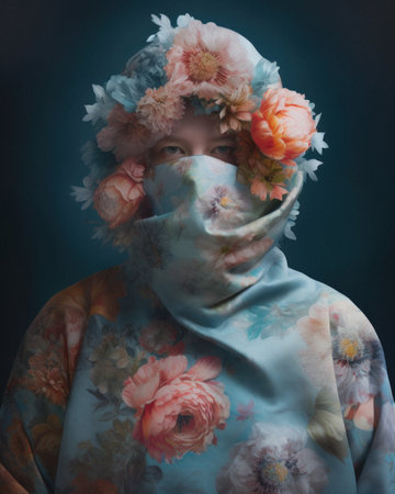 Portrait of a young beautiful girl, fashion vintage retro outfit as magazine cover with flower and leaves elements. Dim the rustic colors. Generative AI.の素材