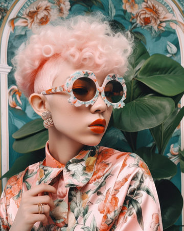 Portrait of a young beautiful girl, fashion vintage retro outfit as magazine cover with flower and leaves elements. Dim the rustic colors. Generative AI.の素材